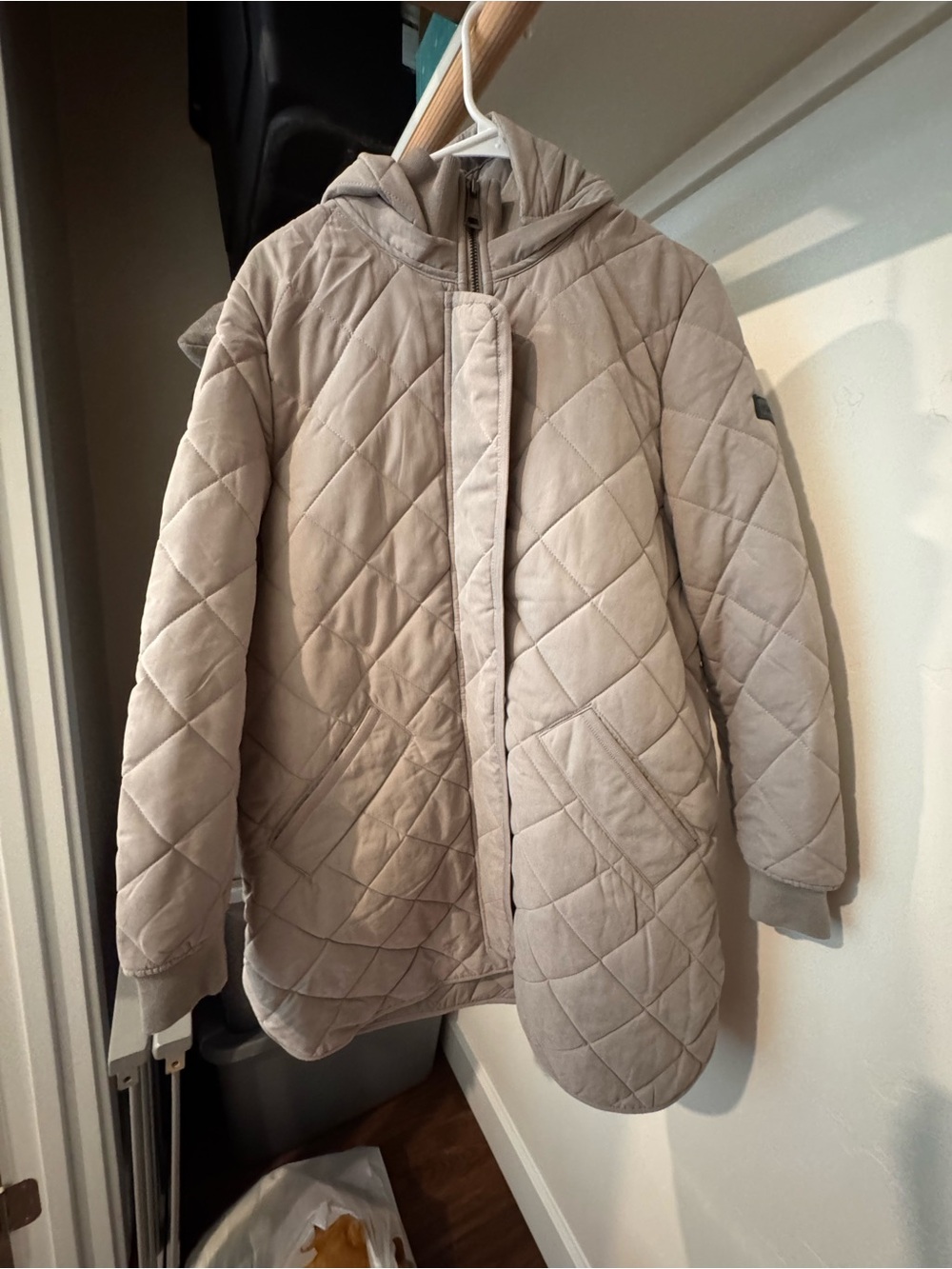 DKNY Quilted Hooded Coat in Light Beige
